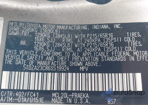 2006 Toyota Sienna Le z USA, uszkodzony, nr VIN 5TDZA23C86S519924